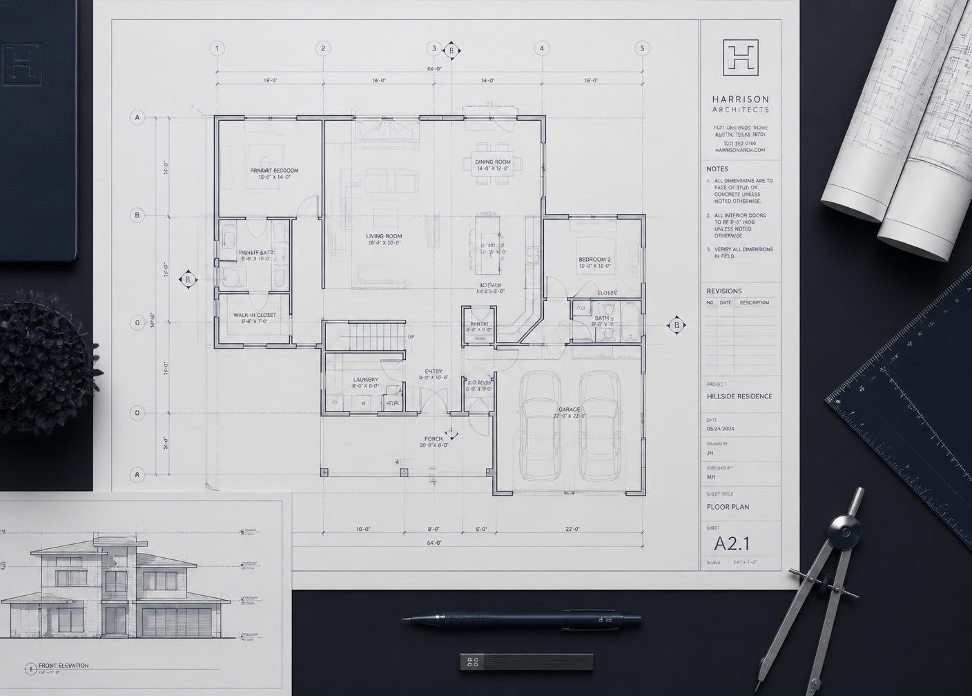 Architectural blueprint of a single-story house with labeled rooms including a primary bedroom, living room, dining room, kitchen, laundry, garage, and two bathrooms. The blueprint also features a front elevation drawing and notes from Harrison Architects.