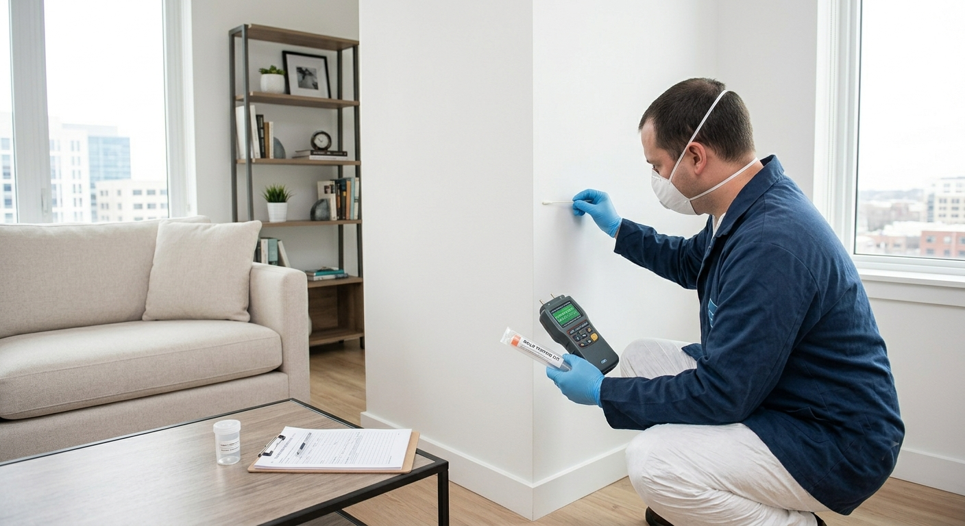 A man wearing a face mask and gloves tests for lead paint on a wall with a portable lead testing kit inside a living room with a sofa, bookshelf, and large windows.