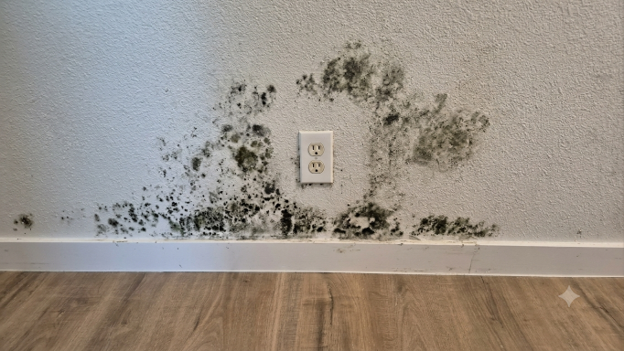Mold growth on a wall near an electrical outlet and baseboard.