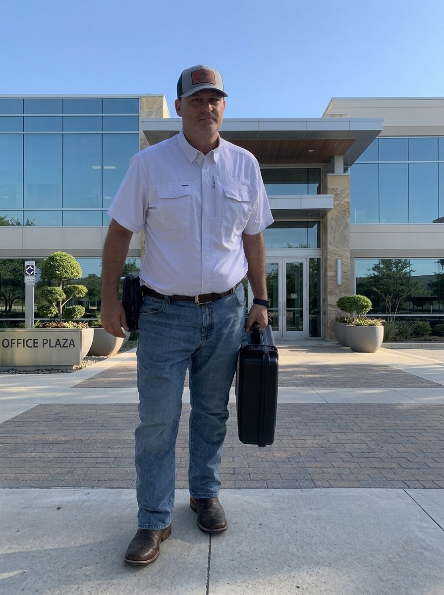 Michael Herbst, priciple consultant with ATX Mold Solutions,  standing outside in front of a modern office building, dressed casually in jeans, a white shirt, a cap, holding a moisture meter kit, with potted plants nearby.