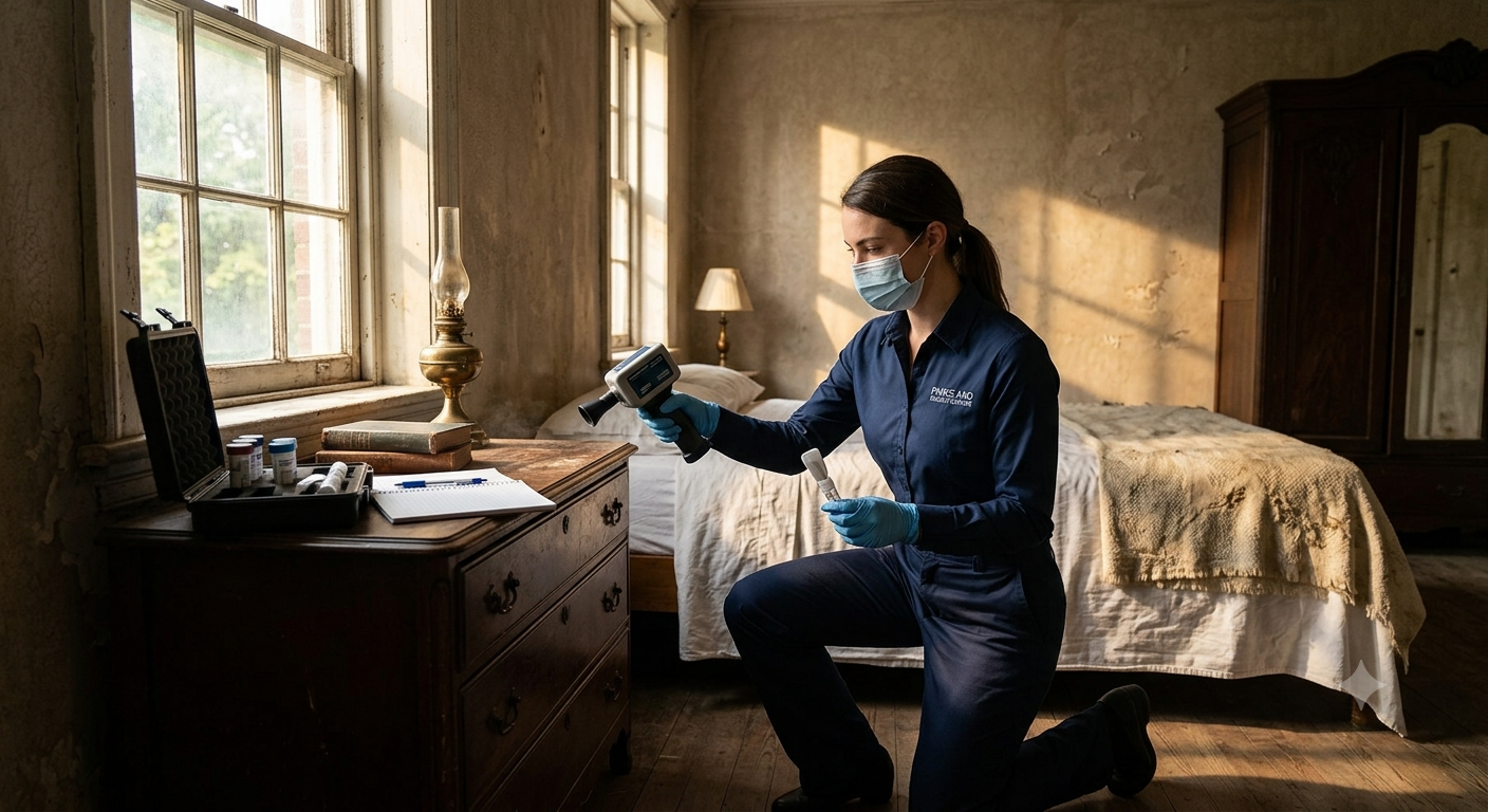 A woman wearing a face mask, gloves, and navy scrubs kneels in a bedroom while using a disinfectant sprayer, cleaning the wooden dresser.