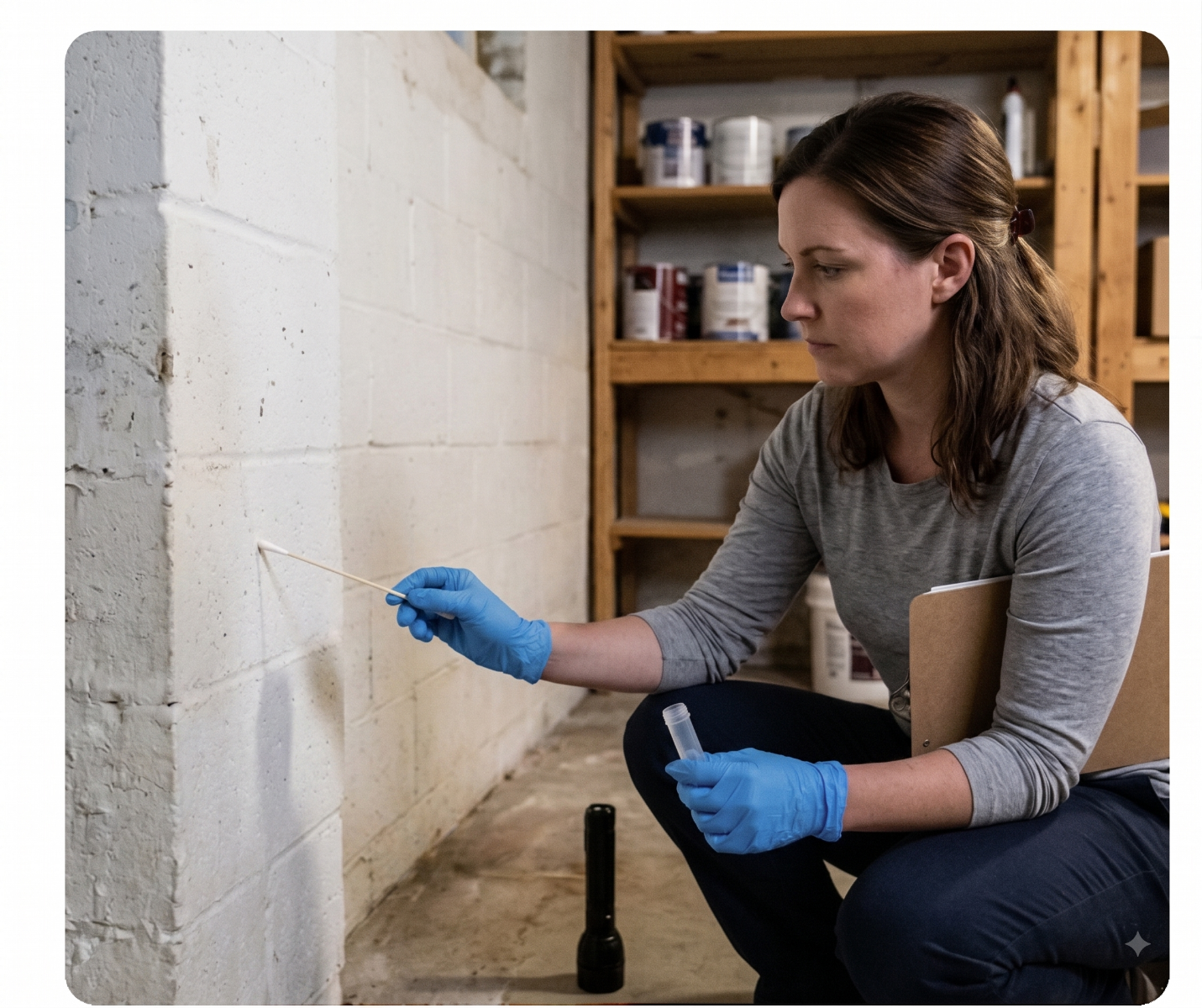 A woman with brown hair wearing a gray long-sleeve shirt and blue gloves, collecting a mold sample from a white brick wall with a cotton swab, in a laboratory setting with shelves and containers in the background.