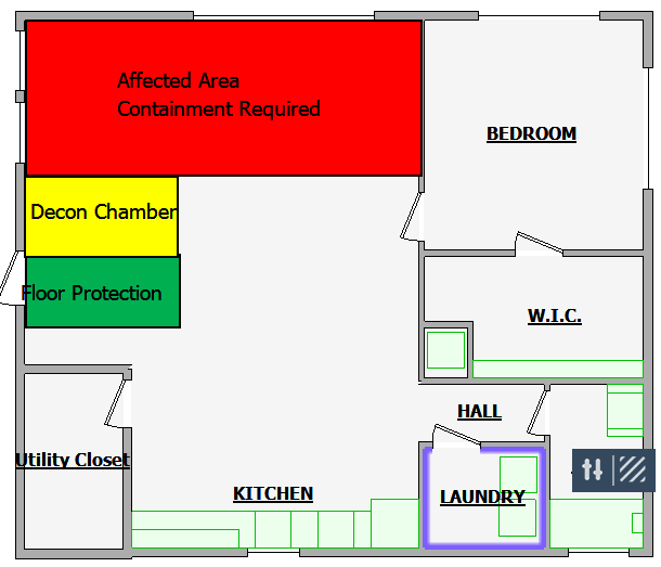 Floor plan for a mold protocol, with rooms labeled, including an affected area marked in red that requires containment, a Decon Chamber in yellow, Floor Protection in green, a bedroom, walk-in closet, hall, kitchen, laundry room, and utility closet.