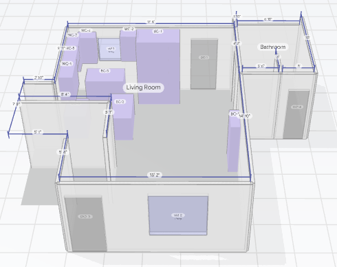 Annotated 3D floor plan of a living room, bathroom, and adjacent spaces with measurements and labeled areas.