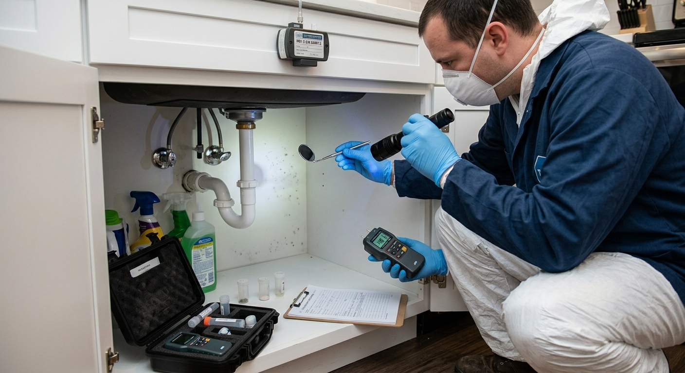 A scientist wearing a mask, gloves, and protective clothing examines a sample with a magnifying tool in a laboratory under a sink. Laboratory supplies and equipment are on the countertop.