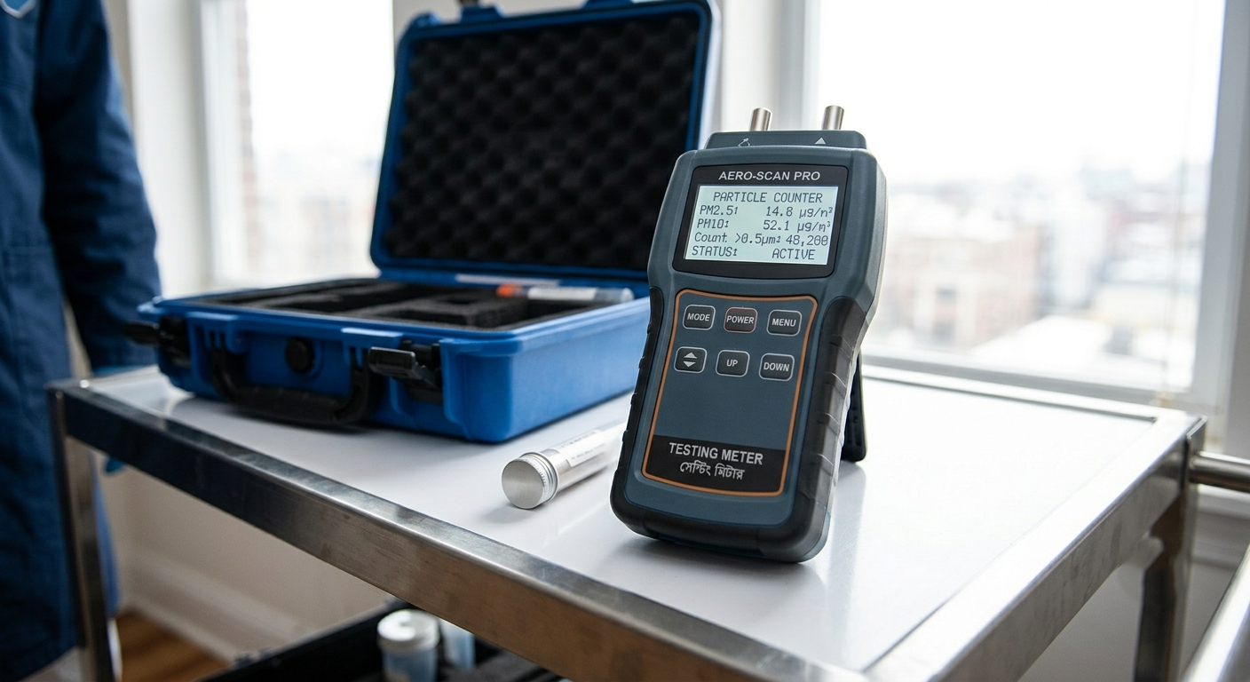 A portable testing meter displaying air quality and particle counts on a white table near a window, with a blue case open containing testing accessories.
