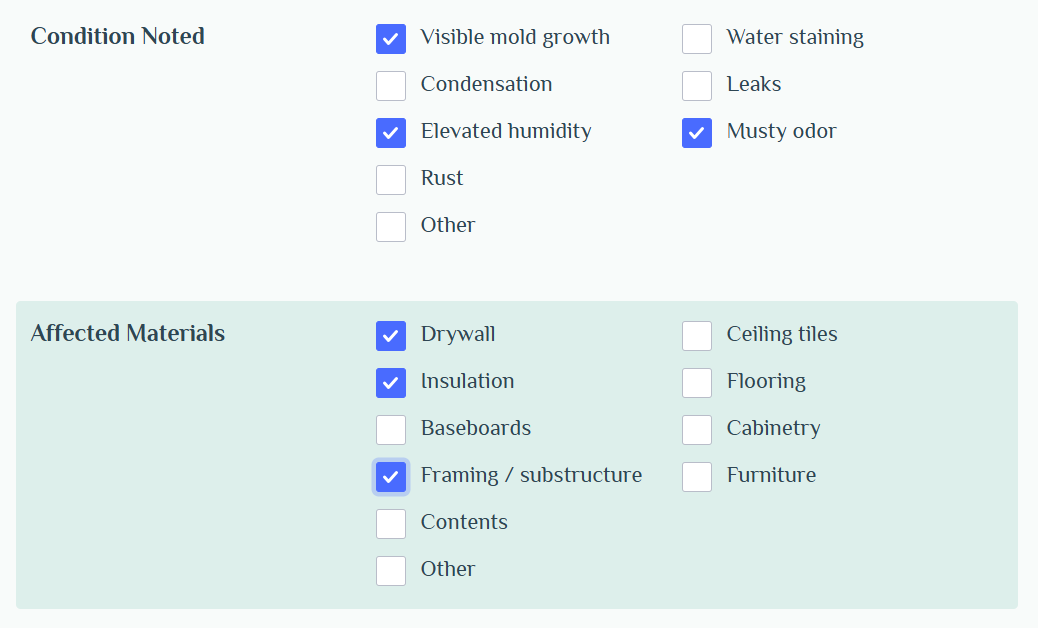 A form or checklist with conditions noted for mold growth, humidity, and odor, and materials affected such as drywall, insulation, and framing.