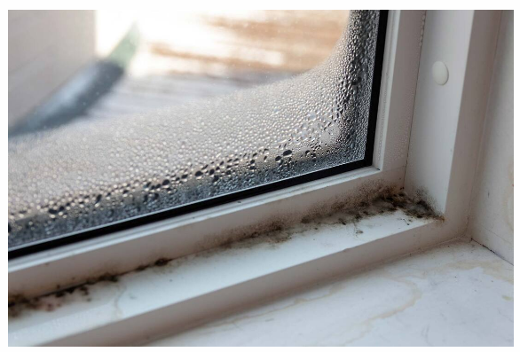 Close-up of a window with condensation and dirt buildup on the window sill.