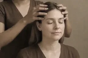 A woman receiving a head massage, sitting with eyes closed and a calm expression.