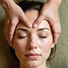 A woman receives a facial massage with her eyes closed.