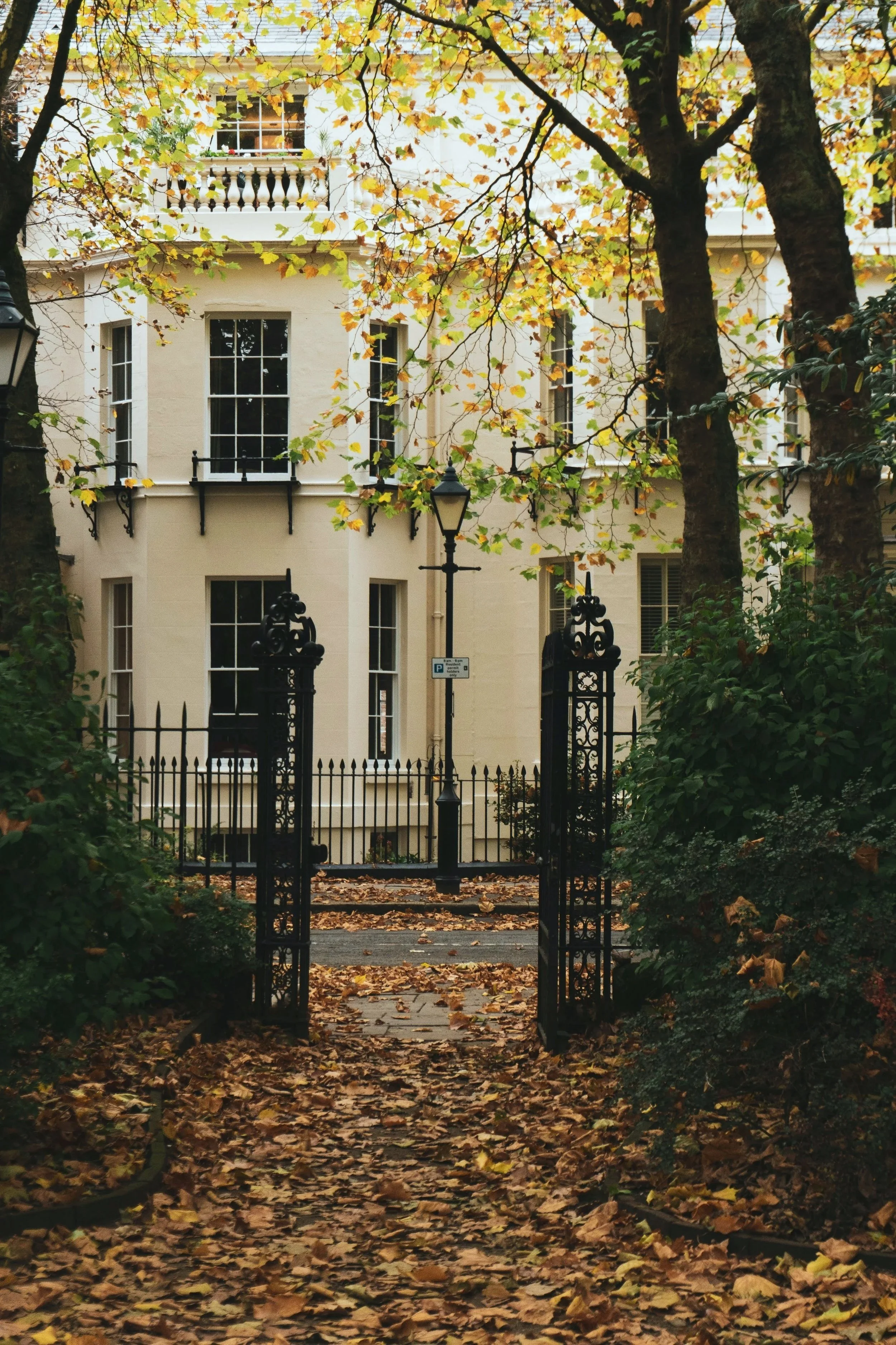 A wrought-iron gate and fence leading to a white, multi-story residential building with tall, rectangular windows. There are trees with yellow and green leaves in the foreground and background, and the ground is covered with fallen autumn leaves.
