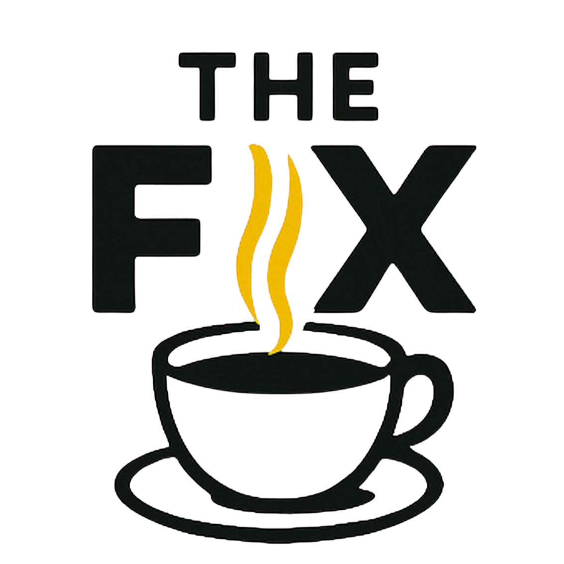 Logo for 'The Fix', featuring a steaming coffee cup and the text 'The Fix' with stylized yellow and blue steam rising.