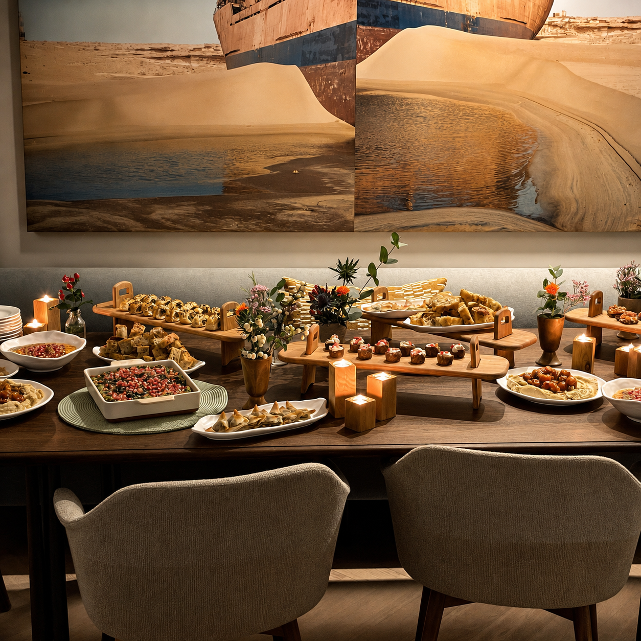Elegant Mediterranean buffet prepared for a corporate event by Monsieur Bou.