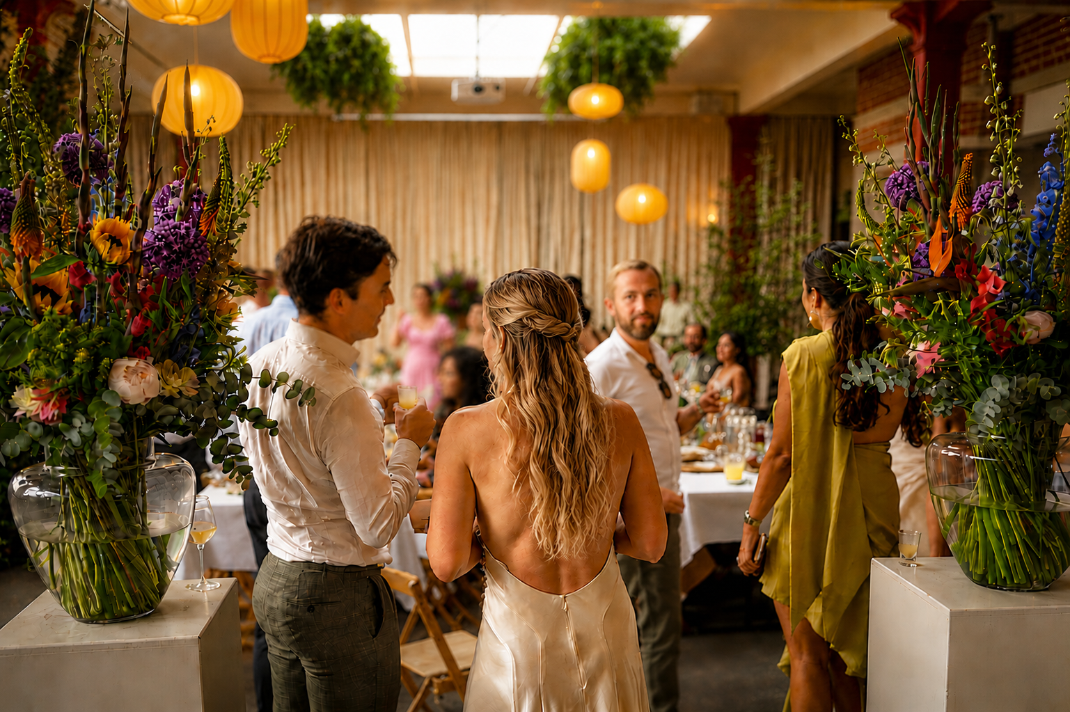 Guests enjoying a Mediterranean wedding celebration catered by Monsieur Bou.