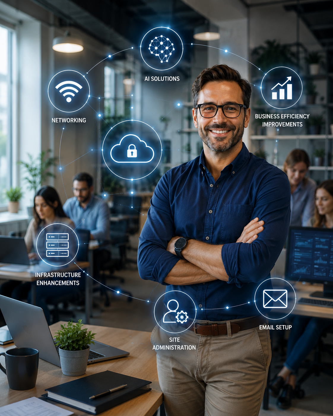 Smiling man with glasses and crossed arms in an office, with digital icons representing AI solutions, networking, cloud security, infrastructure enhancements, site administration, and email setup overlayed in front of him.