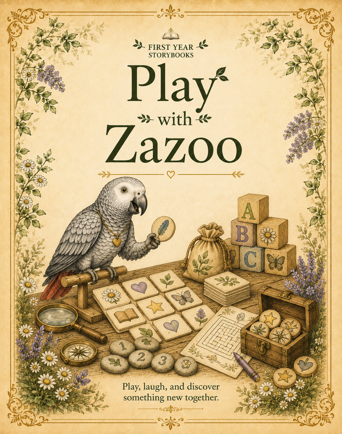 Cover of a children's storybook titled 'Play with Zazoo' with a vintage-style illustration of an encyclopedic-looking parrot bird with a heart-shaped necklace, surrounded by educational toys like alphabet blocks, a magnifying glass, stones with numbers, and illustrations of flowers, leaves, animals, and treasure chest with decorative borders.