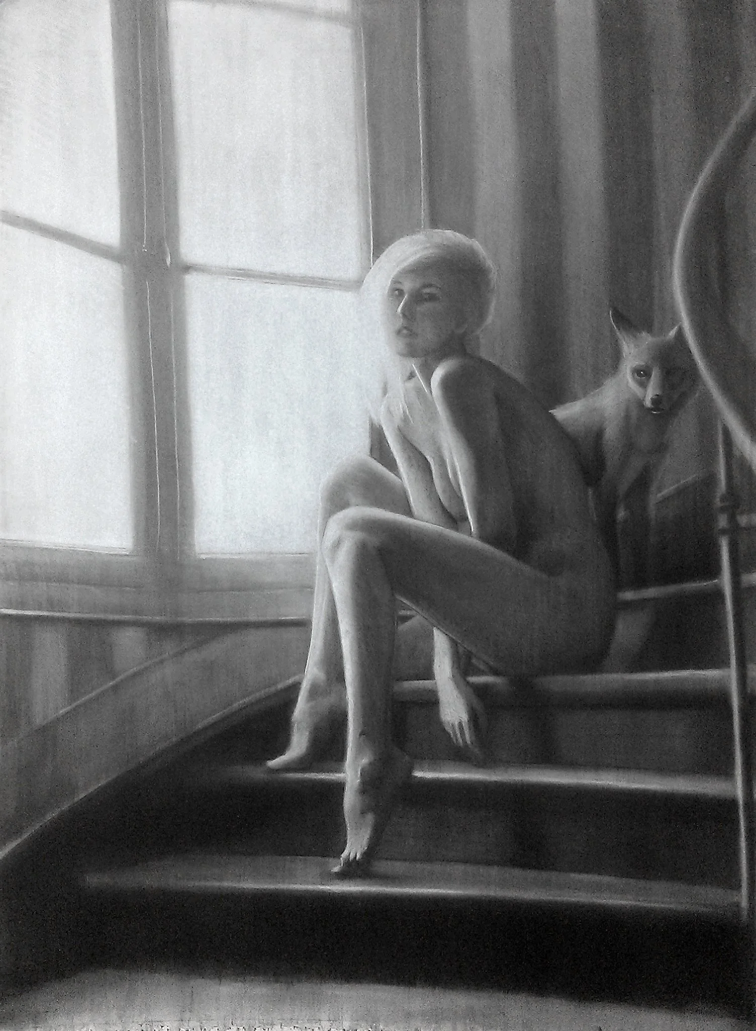 Fox on Stairs Study -charcoal-20x30-$900.jpg
