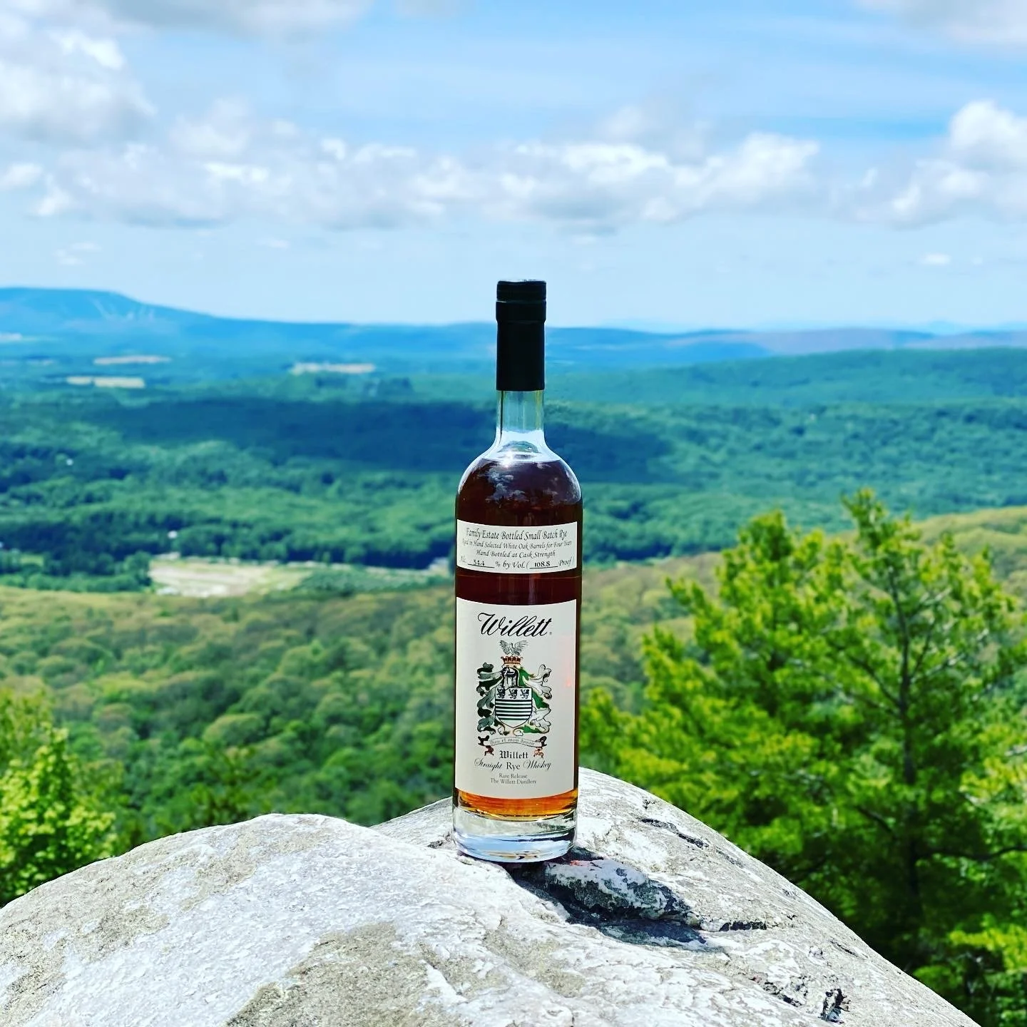 Bottle of whiskey with scenic background