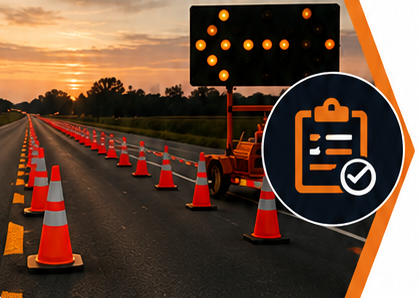 Road construction zone with orange traffic cones and a digital message board displaying directional signs at sunset.