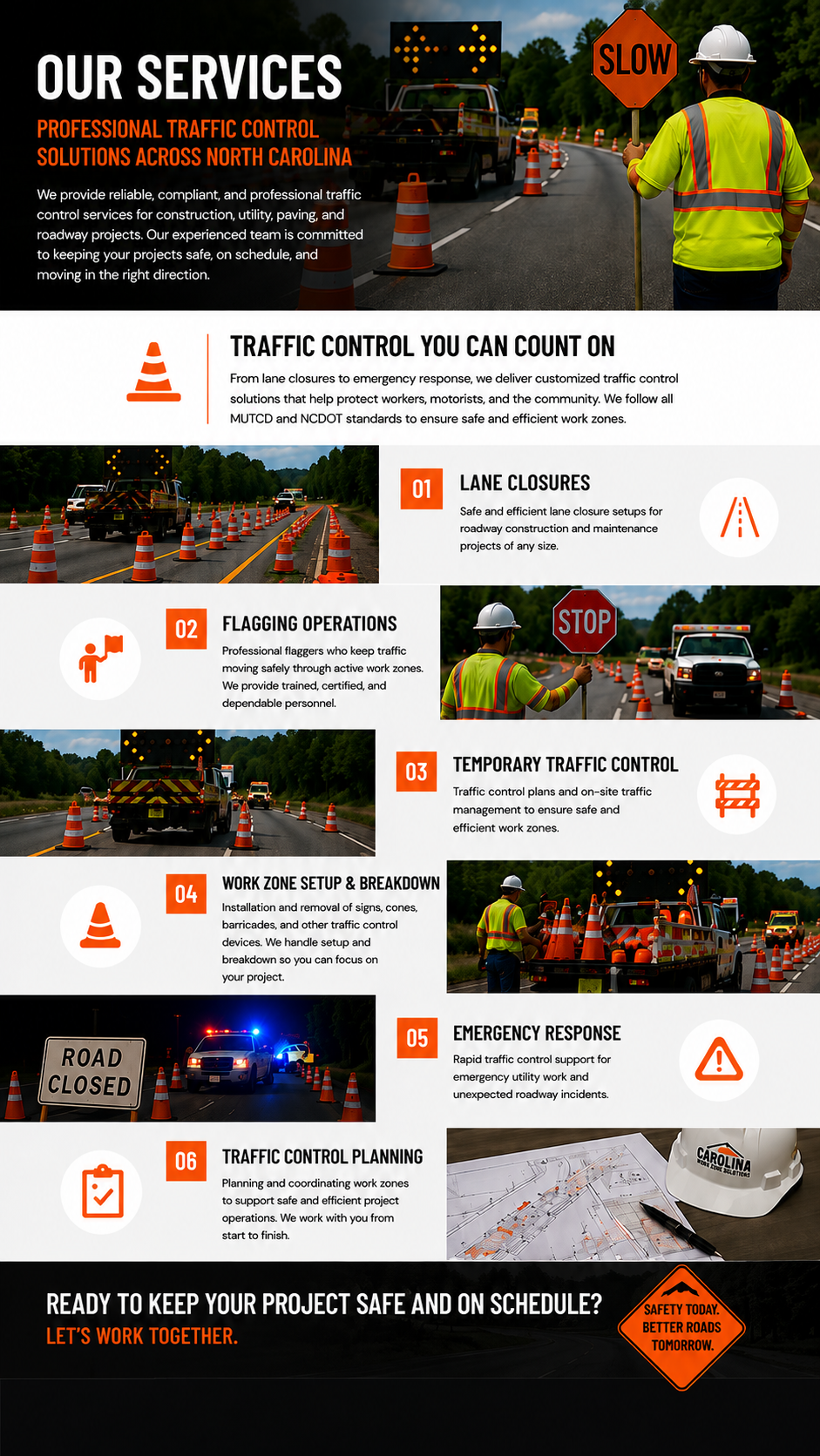 Infographic about traffic control services in North Carolina. Features images of construction crews with traffic cones, stop signs, and trucks, along with text describing lane closures, flagging operations, temporary traffic control, work zone setup, emergency response, and traffic control planning.