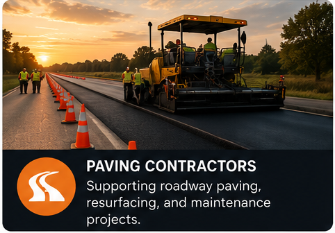 Road paving crew working with a yellow paving machine, orange traffic cones, and a sign promoting paving contractors supporting roadway paving, resurfacing, and maintenance projects.