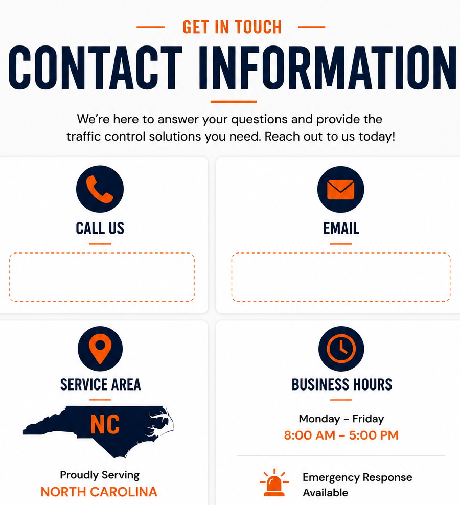 Contact information page for a traffic control solutions company. Features include sections for Call Us, Email, Service Area (North Carolina), Business Hours (Monday to Friday, 8:00 AM to 5:00 PM), and Emergency Response Availability.