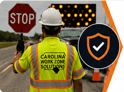 Construction worker holding a stop sign and a shield icon with a checkmark on a road, wearing a yellow safety vest labeled 'Carolina Work Zone Solutions' and a white hard hat.