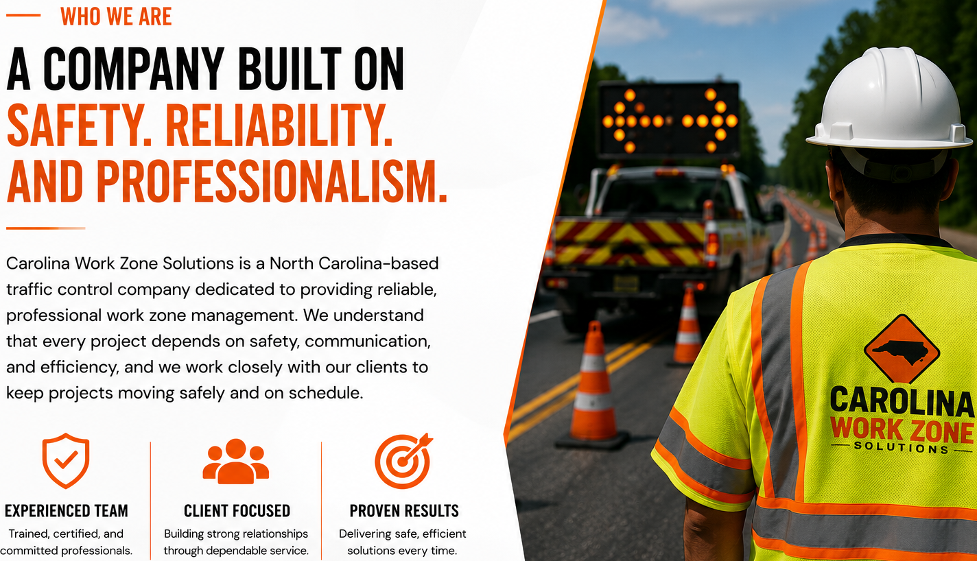 A construction worker wearing a white hard hat and bright yellow safety vest with orange stripes stands on a road with orange traffic cones. An emergency vehicle with flashing lights is visible in the background. The side of the vest has the logo for Carolina Work Zone Solutions, a North Carolina-based traffic control company.