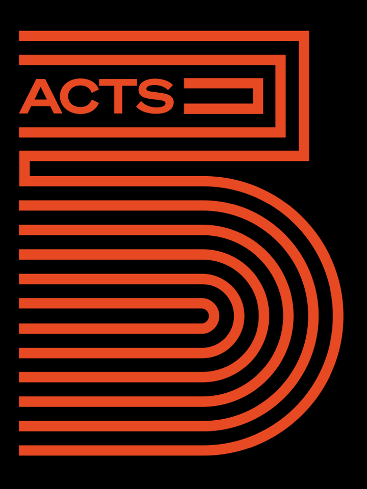 A stylized black and red graphic design with the word 'ACTS' inside a rectangular outline at the top left and a large number '5' created by red horizontal and curved lines.