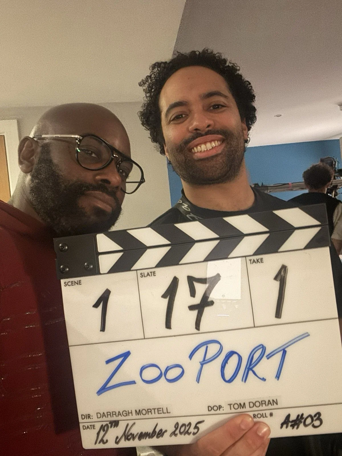 Dave (producer) and Darragh (Director) on the Zooport set holding a production slate