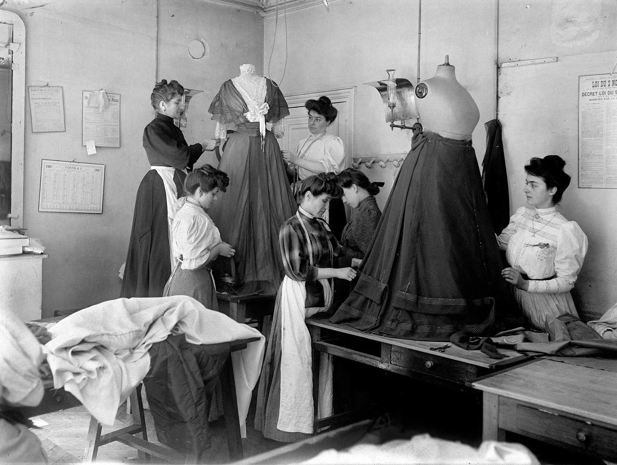 Dressmakers at House of Worth, a premier French haute couture fashion house, 1907.
