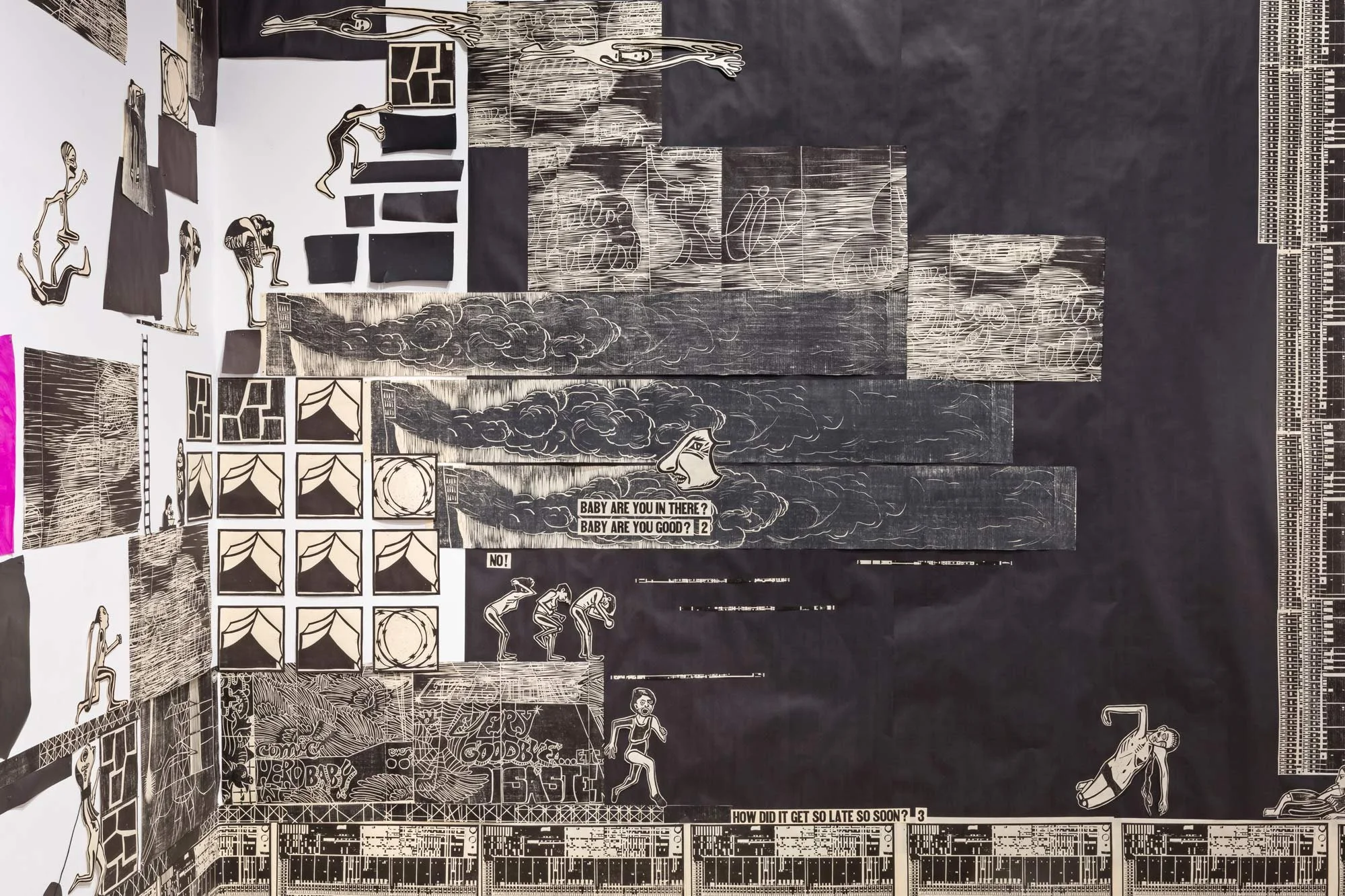 Artwork from Heart Baby exhibition featuring drawings of human figures, barbed wire and thick black smoke.