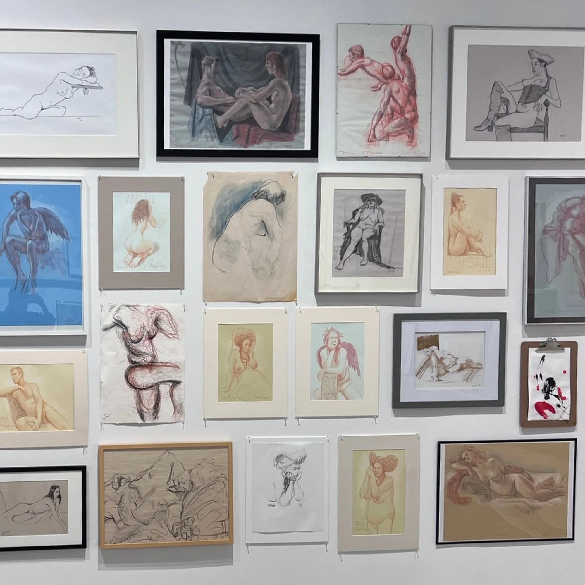 Framed drawings by Open Studio Life Drawing participants in an exhibition at Gallery Stratford.