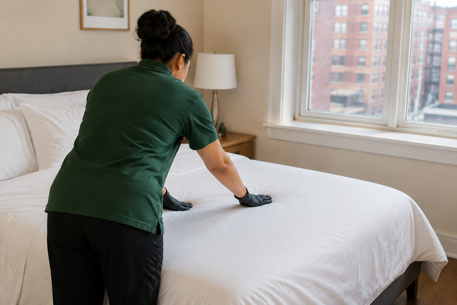 A person wearing black gloves and a green shirt making a bed in a bedroom with a large window showing a cityscape of brick buildings.