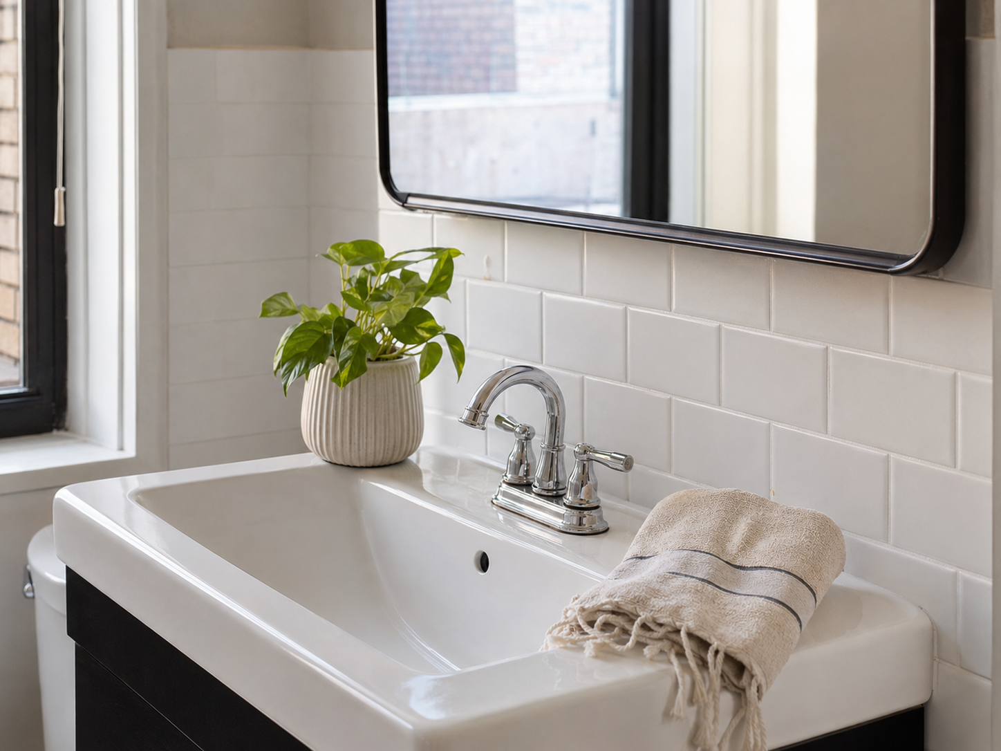 Bathroom sink with a potted green plant, a folded beige towel, a faucet, a mirror, white tiled wall, and a window.