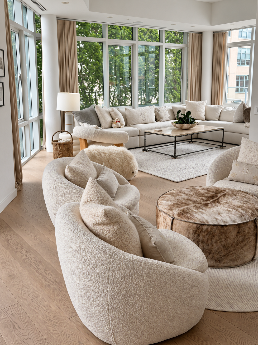 Bright living room with large windows, white sectional sofa, plush armchairs with pillows, wooden coffee table with a green plant, neutral-toned decor, and light wood flooring.