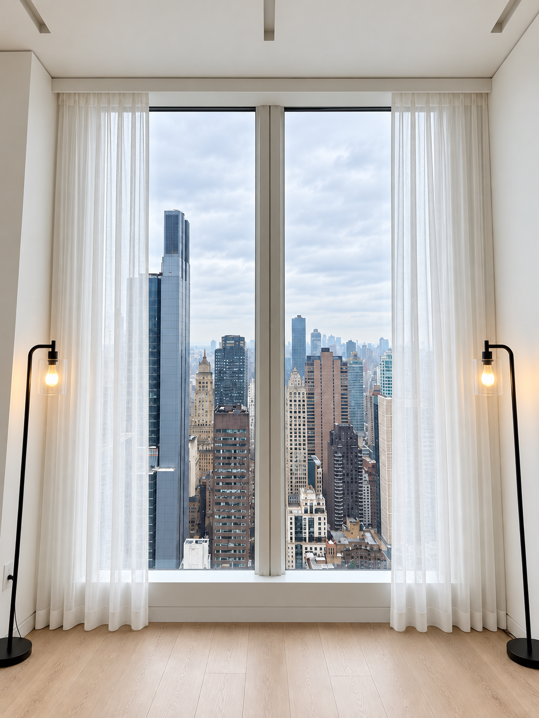 View of a city skyline through large window with sheer white curtains, two black floor lamps with exposed bulbs on either side.