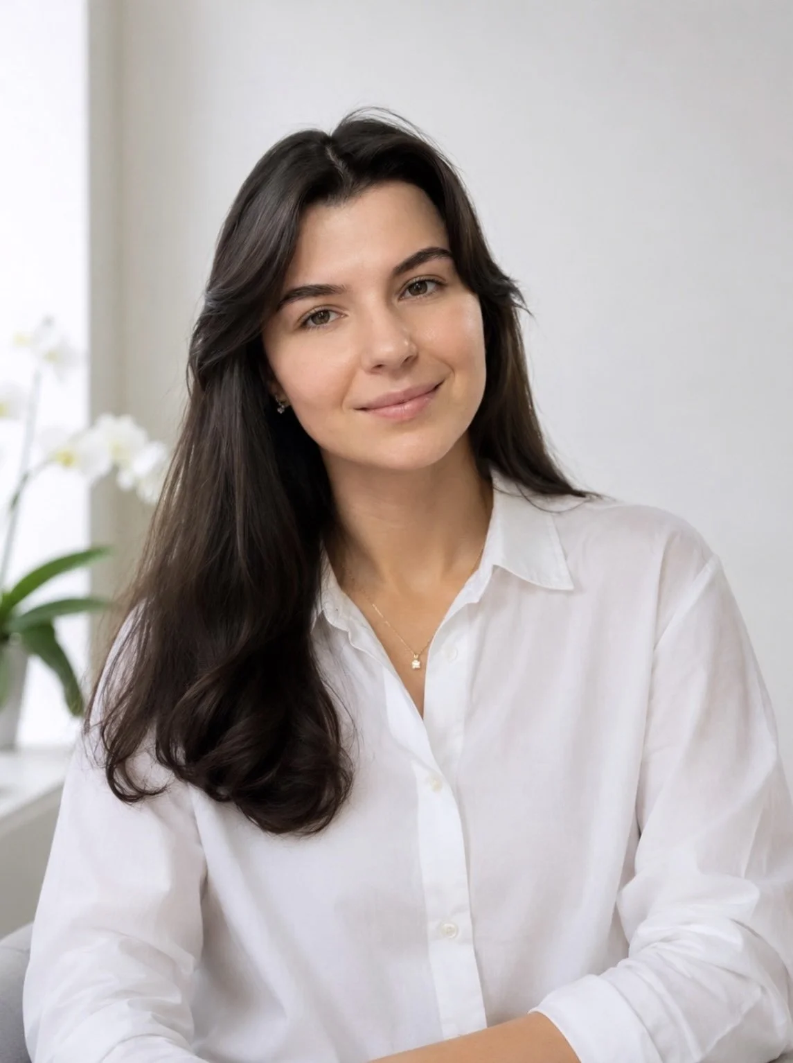 A woman with long dark hair, wearing a white button-up shirt and a small necklace, sitting indoors near a window with a potted plant in the background, smiling softly.
