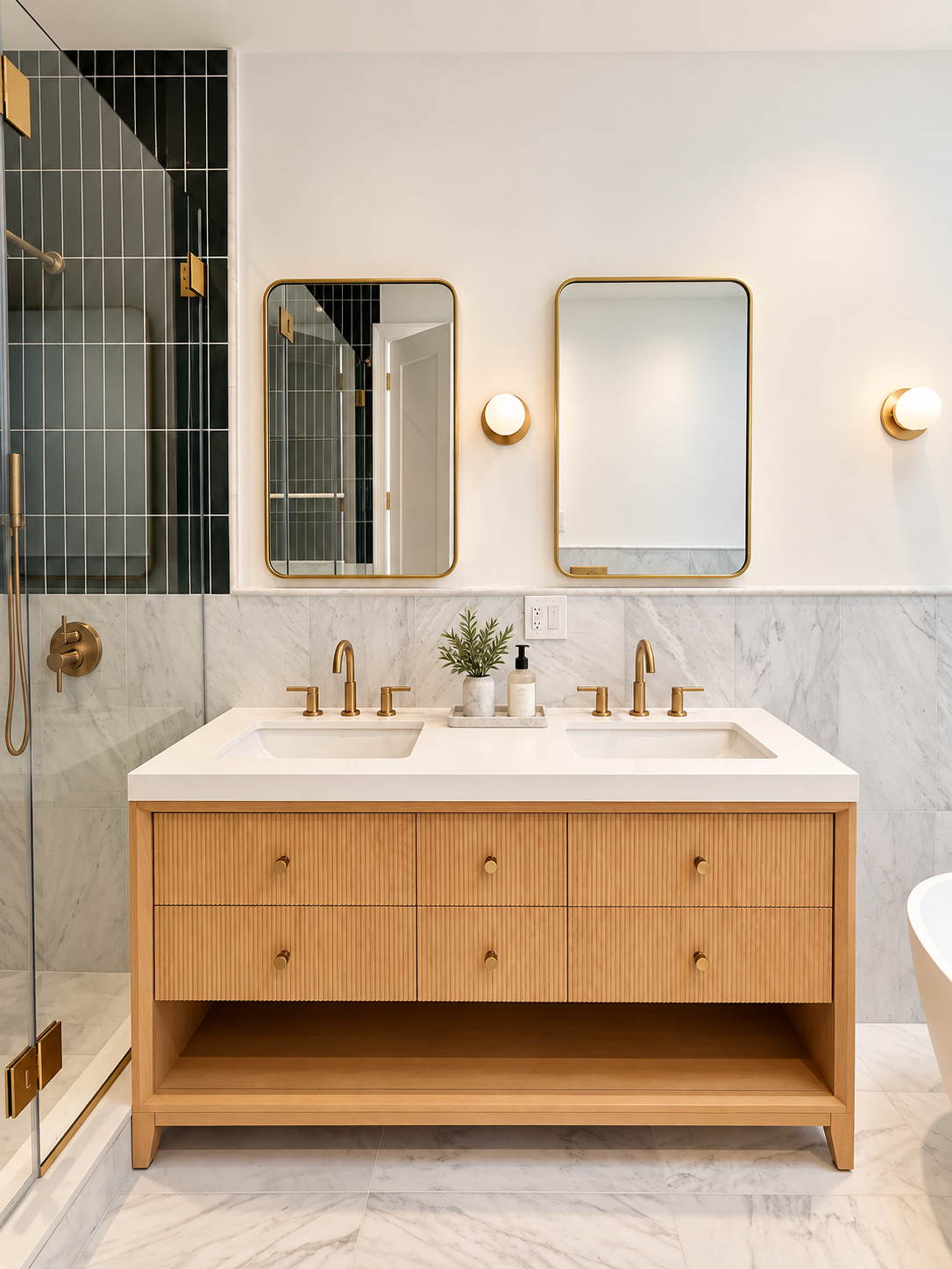 Clean bathroom vanity with mirrors and glass shower.