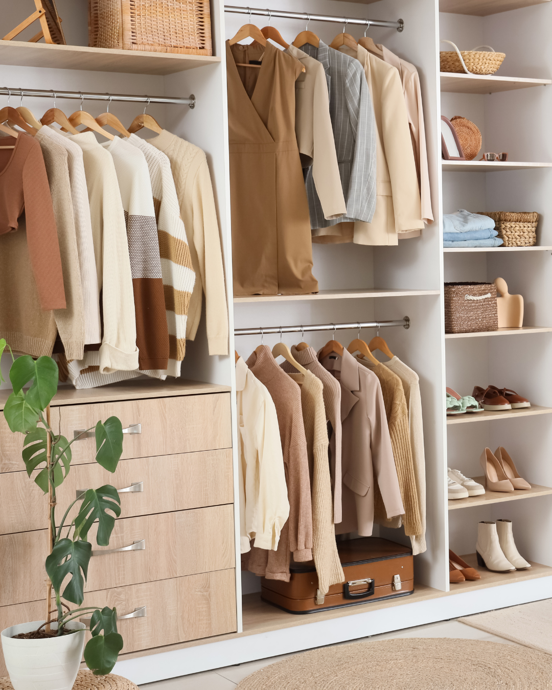 Professionally organized closet with clothes, shoes, and accessories.