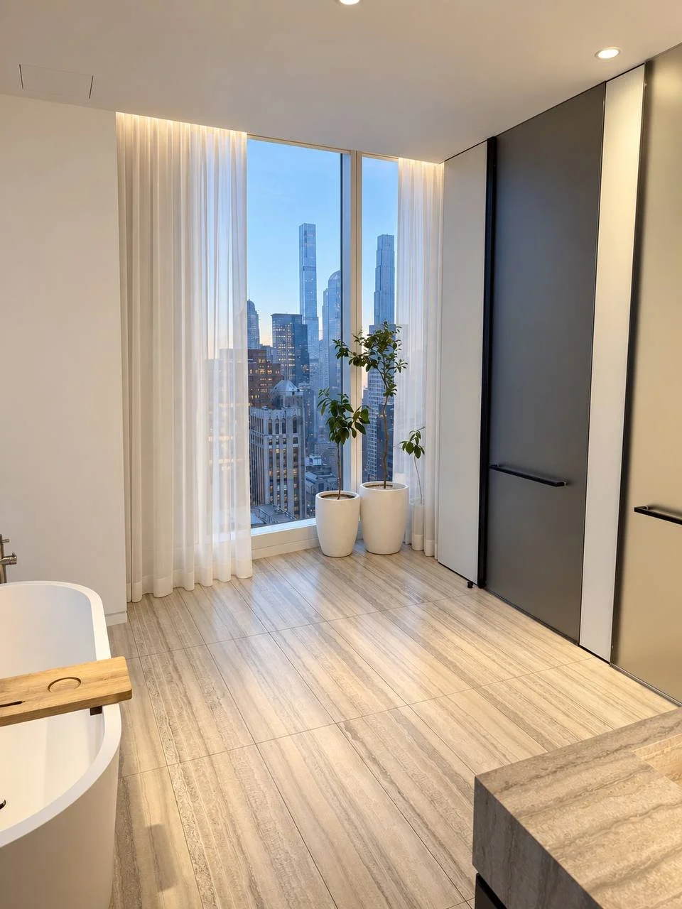 Modern apartment with large windows and city views.