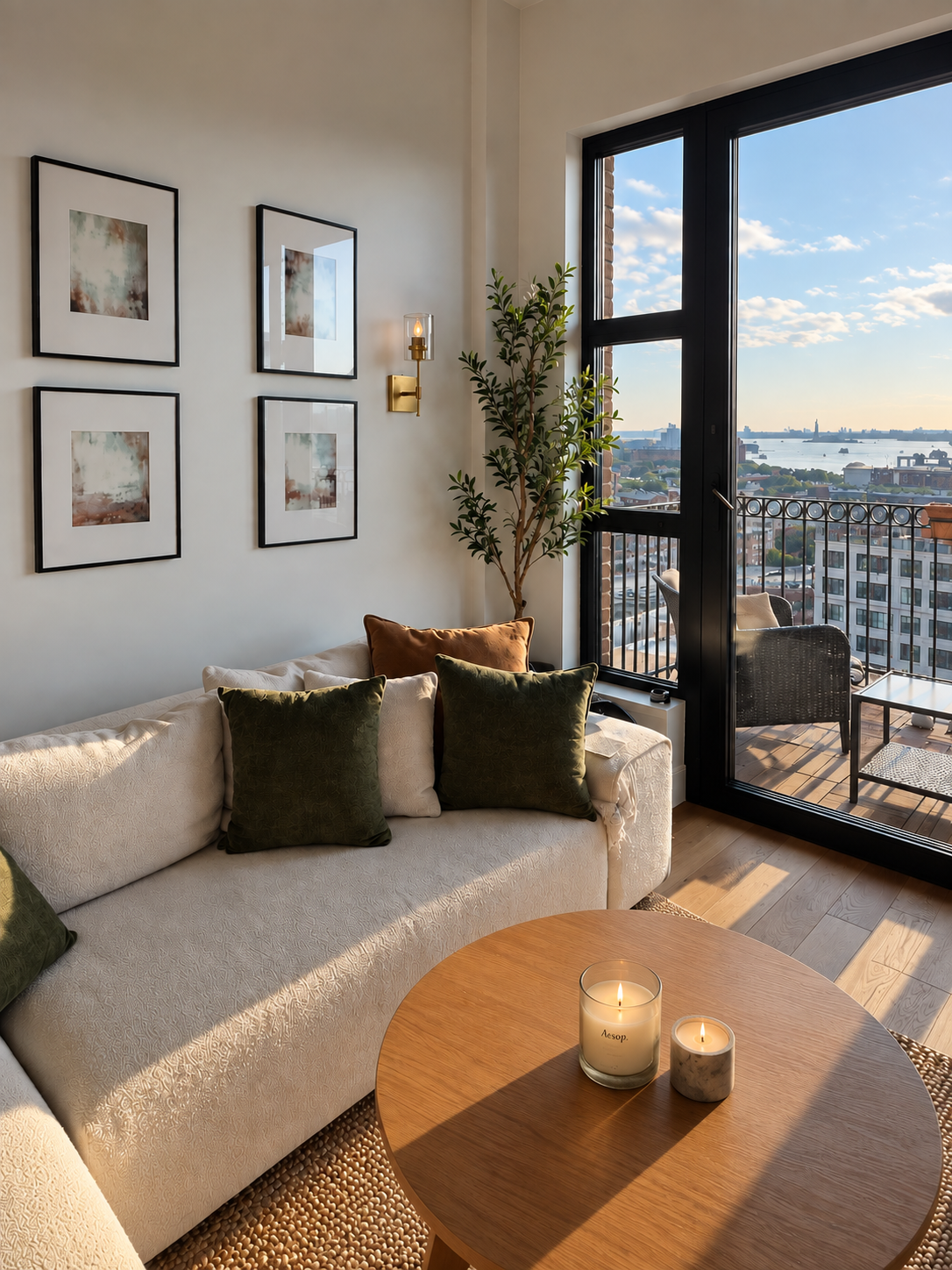 Clean modern living room with white sofa and city view.