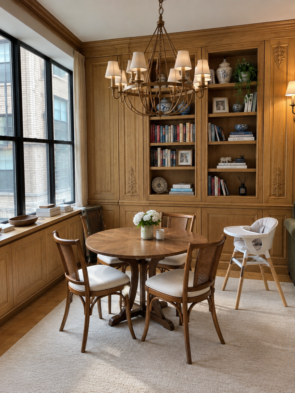 Clean dining room with round table and built-in bookshelves.