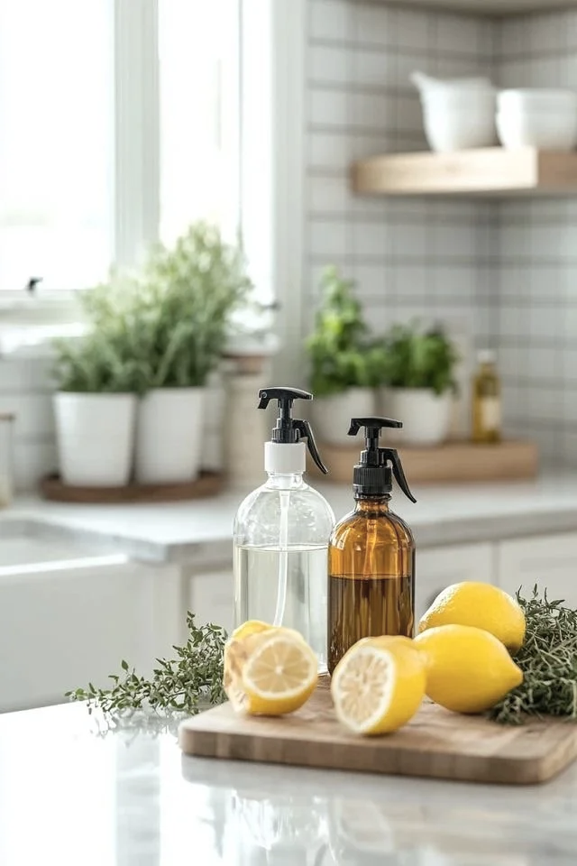Kitchen counter with lemons, greenery, and two spray bottles beside a wooden cutting board.