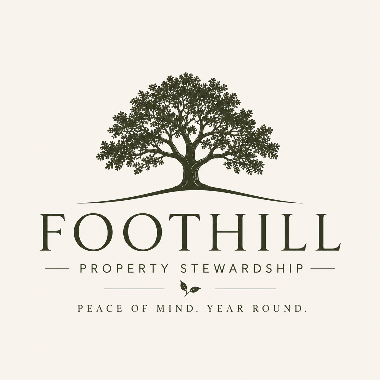 Logo for Foothill Property Stewardship featuring a large green tree and text 'Foothill Property Stewardship' with slogan 'Peace of mind. Year round.'