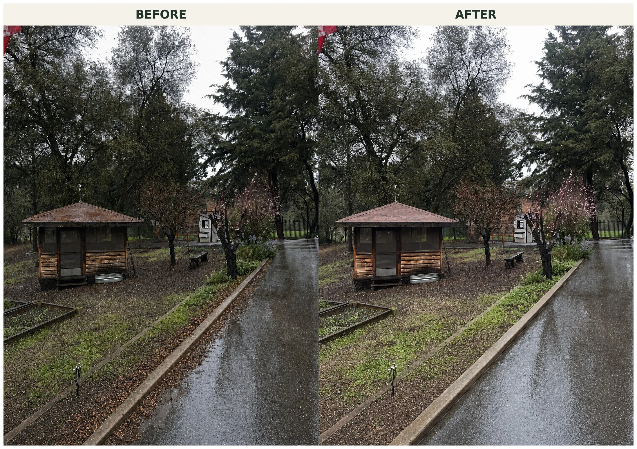 Side-by-side comparison of a park area with trees, a small pavilion, a pathway, and a tree with pink blossoms, showing the difference before and after a cleaning or clearing process.