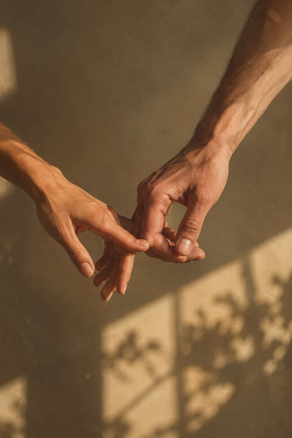 Two people holding hands, with their fingers intertwined, casting shadows on the ground in warm light.