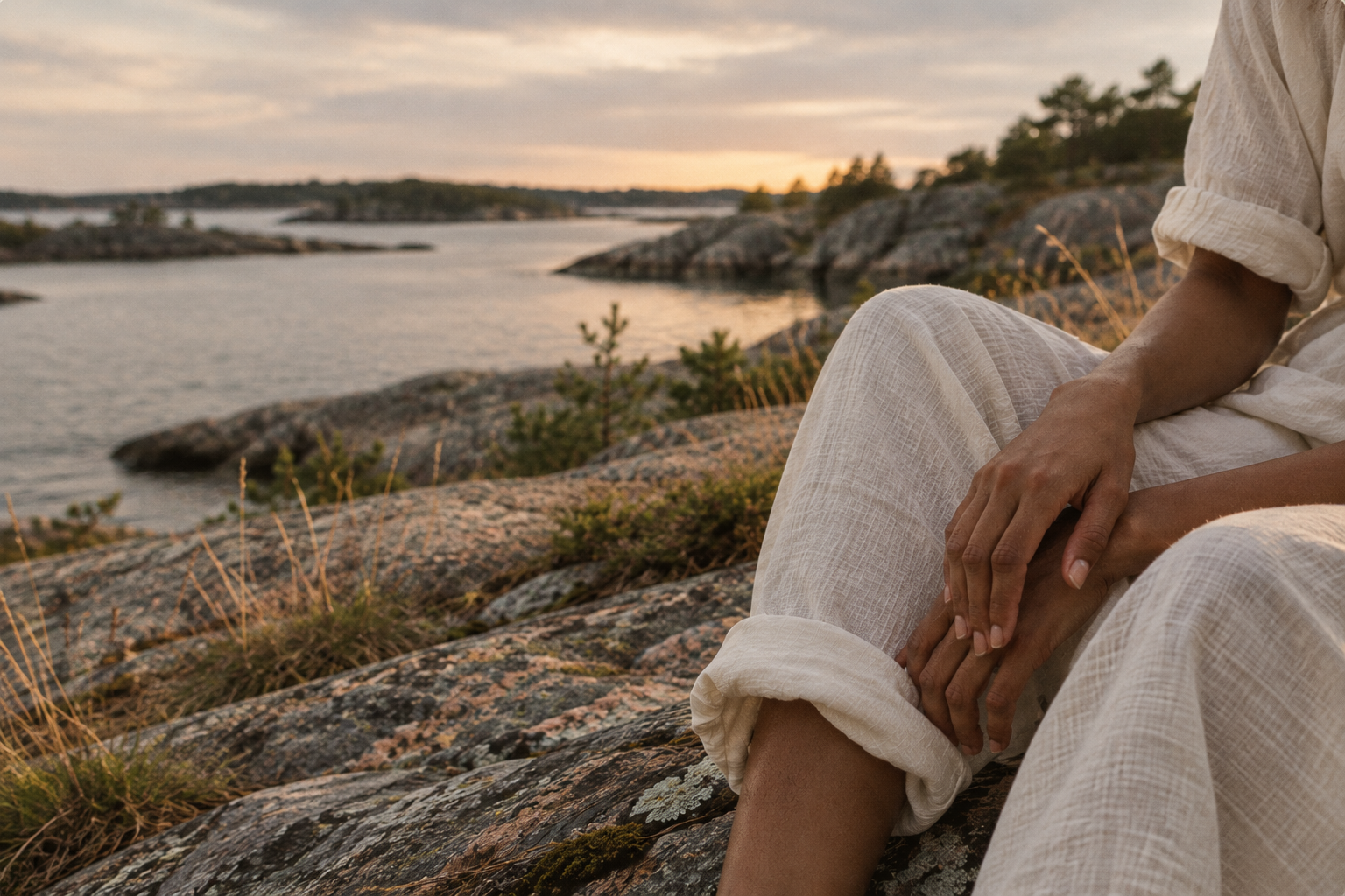 A person seated quietly on granite rock overlooking the Swedish archipelago, hands resting on their knee.