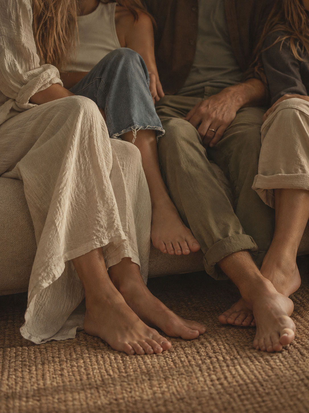 Close-up of three people sitting on a beige sofa with their legs and feet visible. They are wearing casual clothing.
