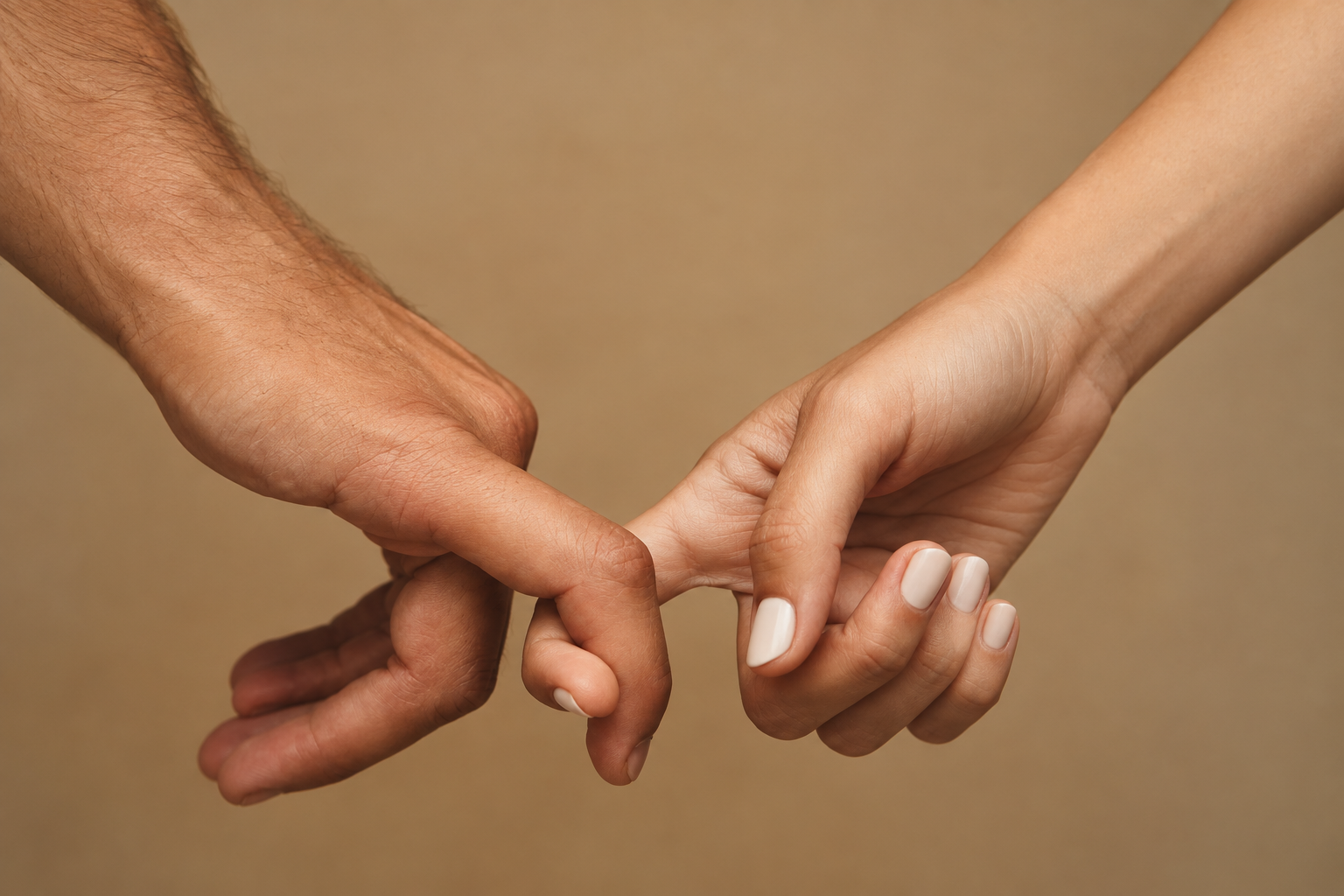 Close-up of two people gently linking their little fingers against a warm beige background